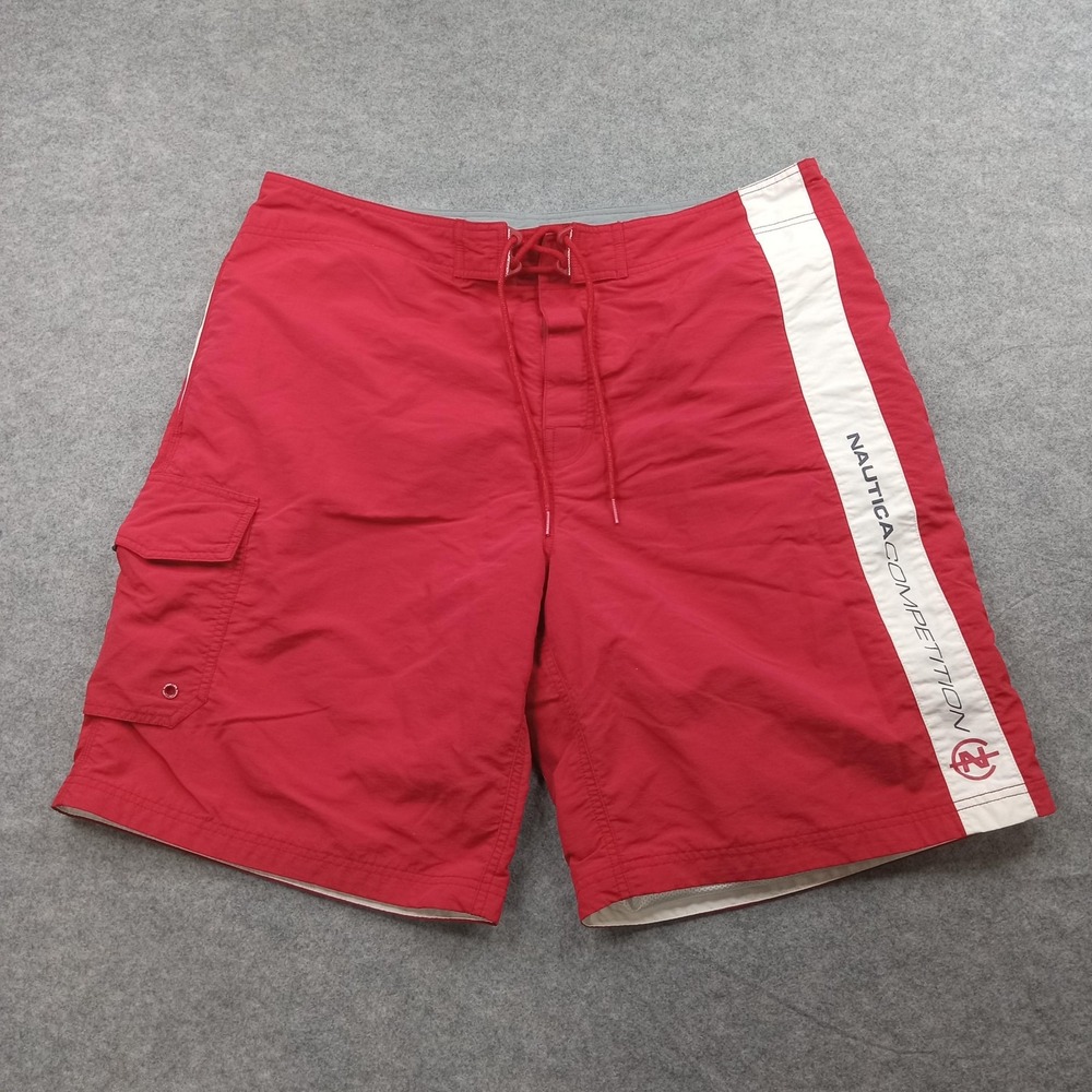 Nautica Competition Shorts Mens 38 Red‎ Swim Trunks Board Cargo Nylon Drawstring